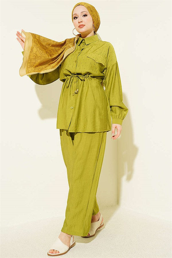 2 Piece Set with Faux Pocket Flap and Mini Stone Details, Olive Green