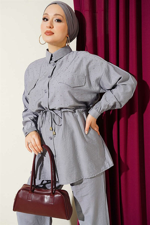 2 Piece Set with Faux Pocket Flap and Mini Stone Details, Grey