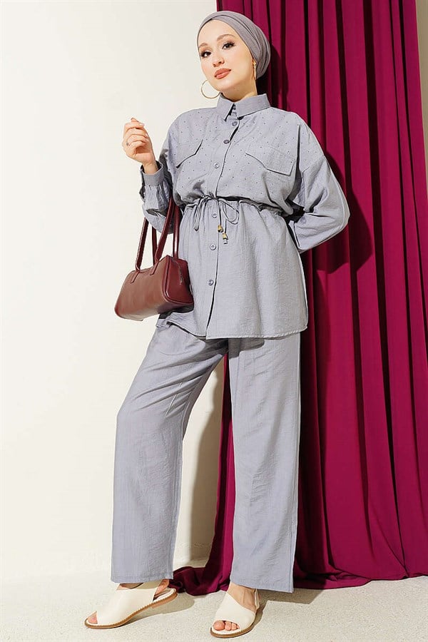 2 Piece Set with Faux Pocket Flap and Mini Stone Details, Grey