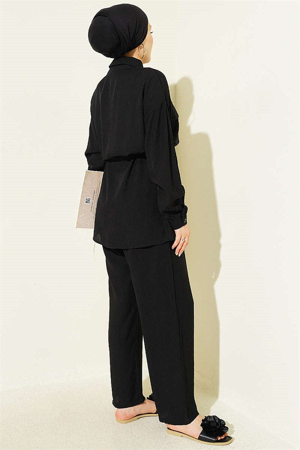 2 Piece Set with Faux Pocket Flap and Mini Stone Details, Black