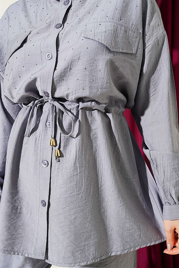 2 Piece Set with Faux Pocket Flap and Mini Stone Details, Grey