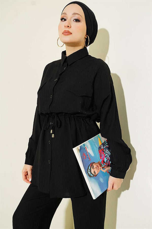 2 Piece Set with Faux Pocket Flap and Mini Stone Details, Black