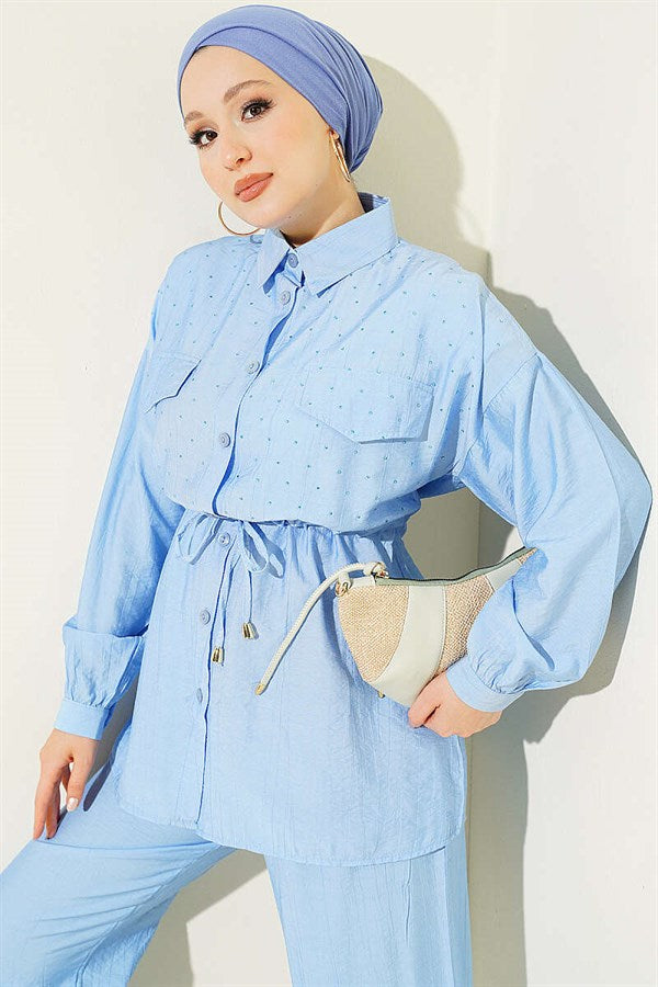 2 Piece Set with Faux Pocket Flap and Mini Stone Details, Blue