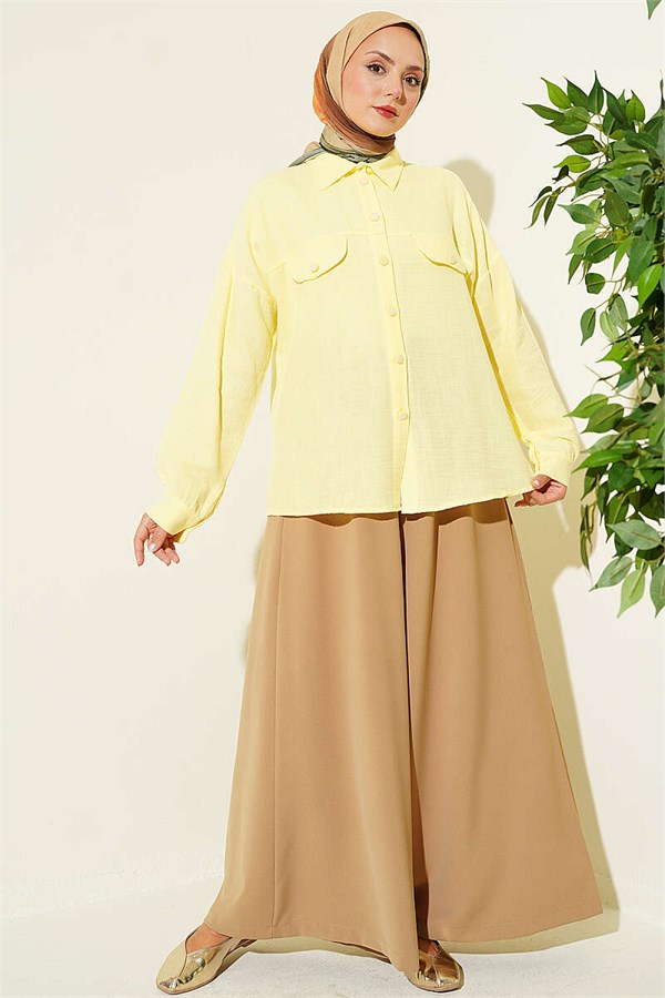 Muslin Shirt with Faux Pocket Flap, Yellow