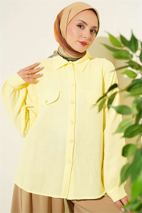 Muslin Shirt with Faux Pocket Flap, Yellow