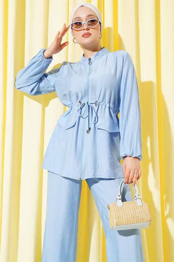 Fake Pocket Waist Tunnel 2 Piece Set Baby Blue
