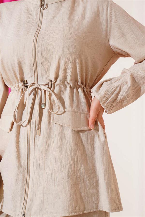 Fake Pocket Waist Tunnel 2 Piece Set Beige