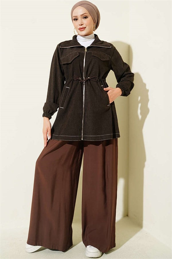 Dark Brown Jacket with Faux Pockets and Elasticated Ankles