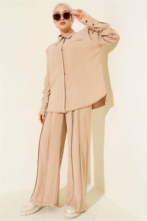 2 Piece Set with Fake Pocket and Hidden Placket, Beige