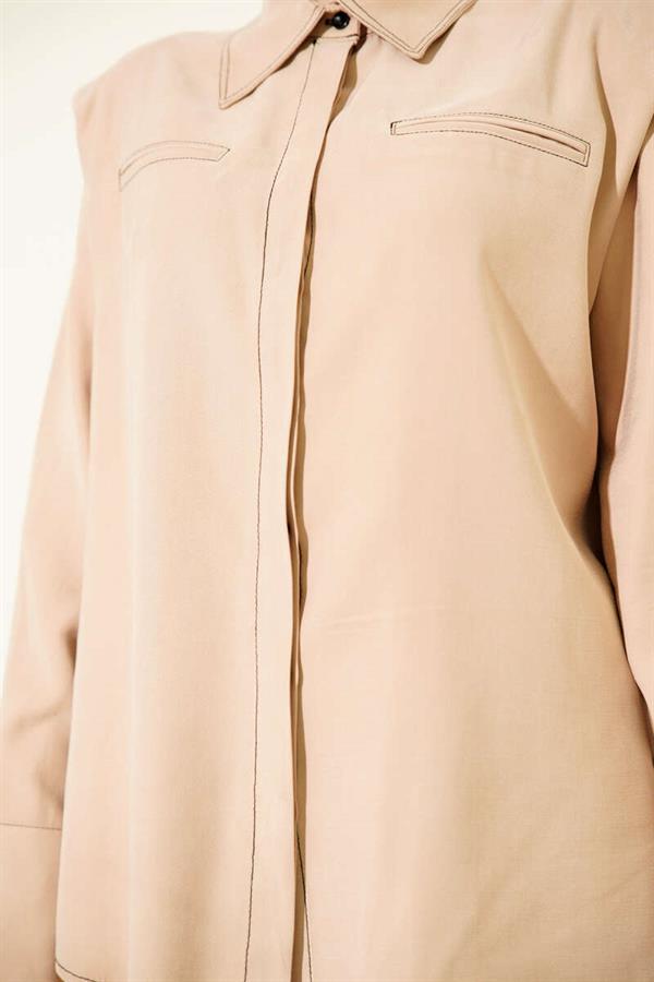 2 Piece Set with Fake Pocket and Hidden Placket, Beige