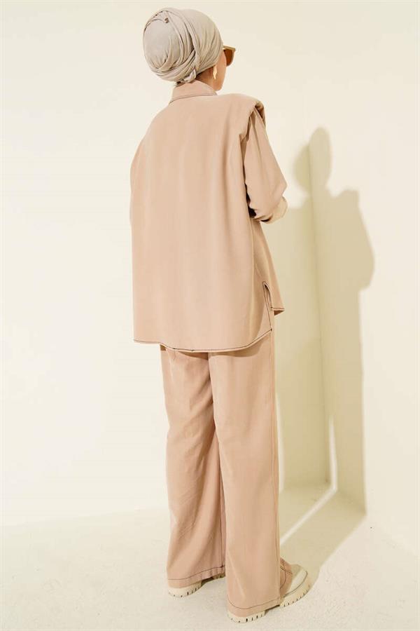 2 Piece Set with Fake Pocket and Hidden Placket, Beige