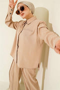 2 Piece Set with Fake Pocket and Hidden Placket, Beige