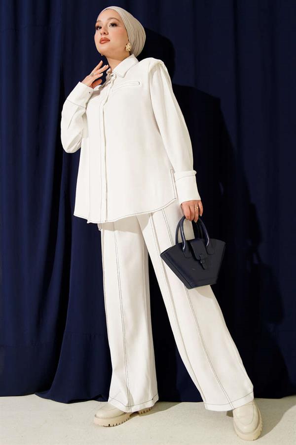 2 Piece Set with Fake Pocket and Hidden Placket, White