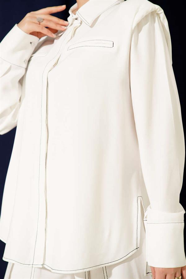 2 Piece Set with Fake Pocket and Hidden Placket, White