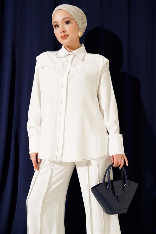 2 Piece Set with Fake Pocket and Hidden Placket, White