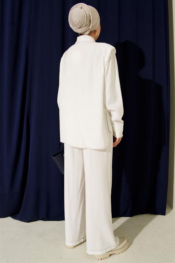 2 Piece Set with Fake Pocket and Hidden Placket, White