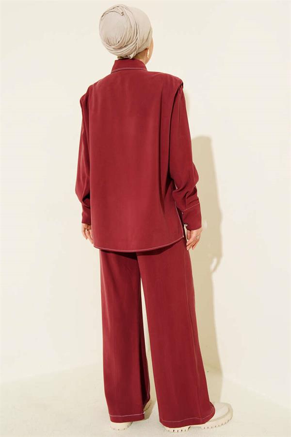Fake Pocket Hidden Placket 2 Piece Set Burgundy