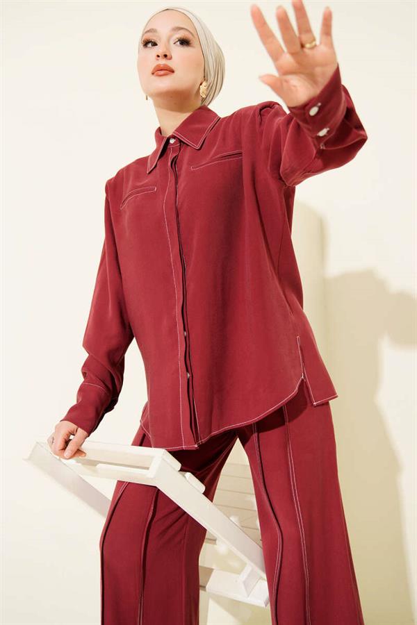 Fake Pocket Hidden Placket 2 Piece Set Burgundy