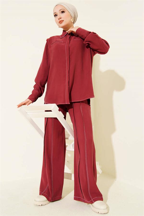 Fake Pocket Hidden Placket 2 Piece Set Burgundy