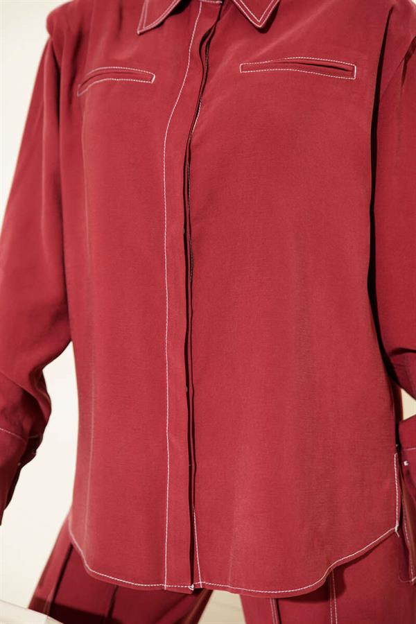 Fake Pocket Hidden Placket 2 Piece Set Burgundy