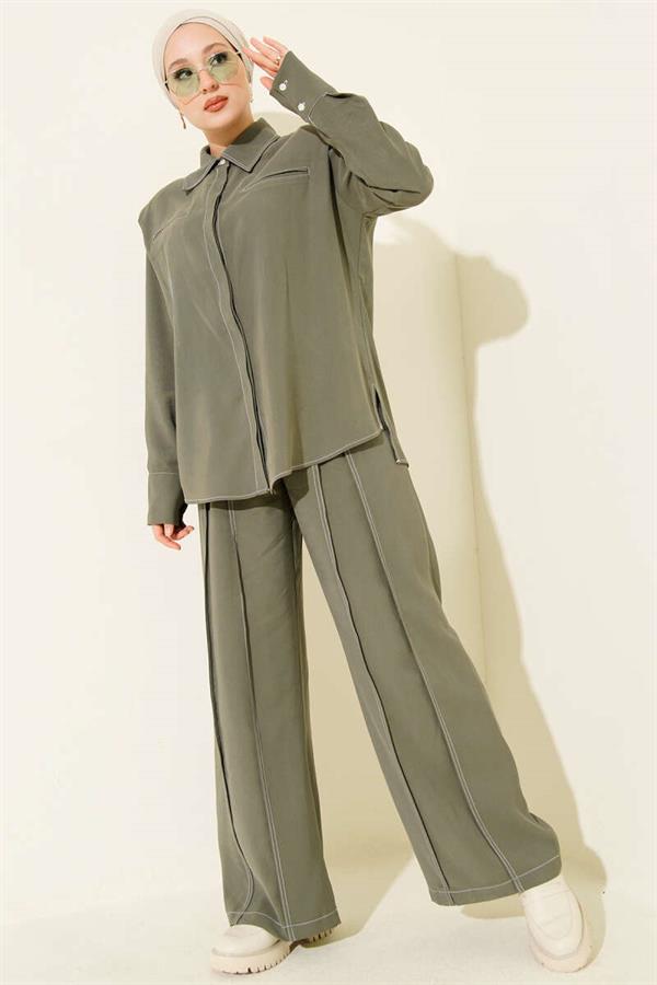 Two Piece Khaki Suit with Fake Pocket and Hidden Placket