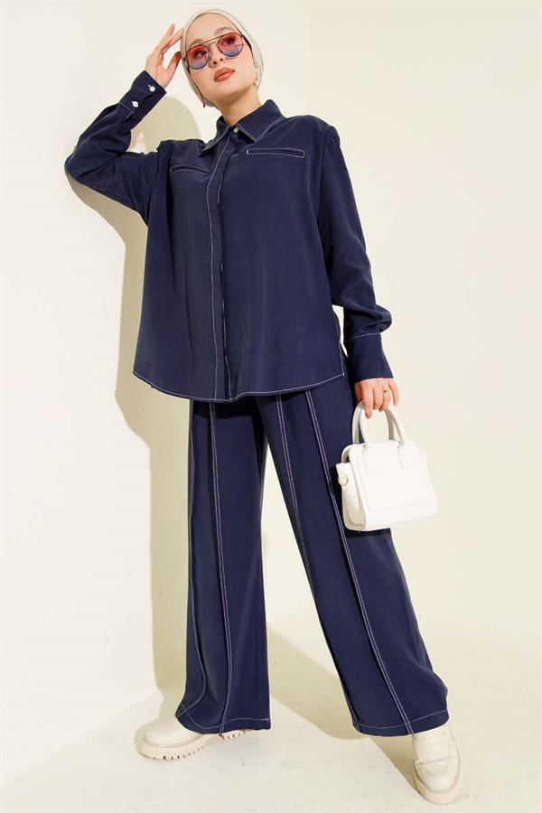 2 Piece Set with Fake Pocket and Hidden Placket, Navy Blue