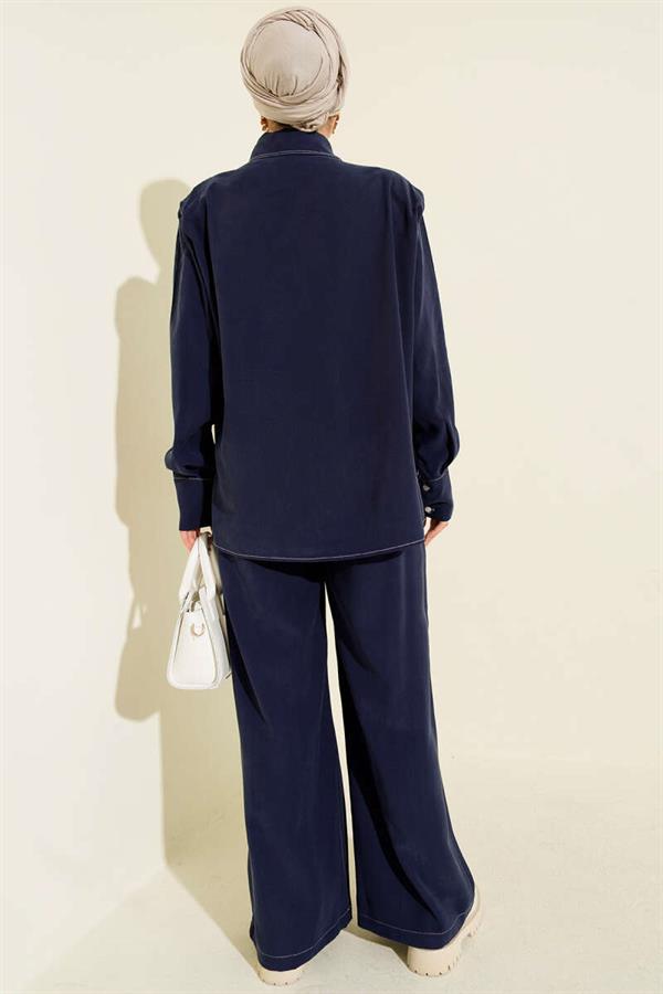 2 Piece Set with Fake Pocket and Hidden Placket, Navy Blue