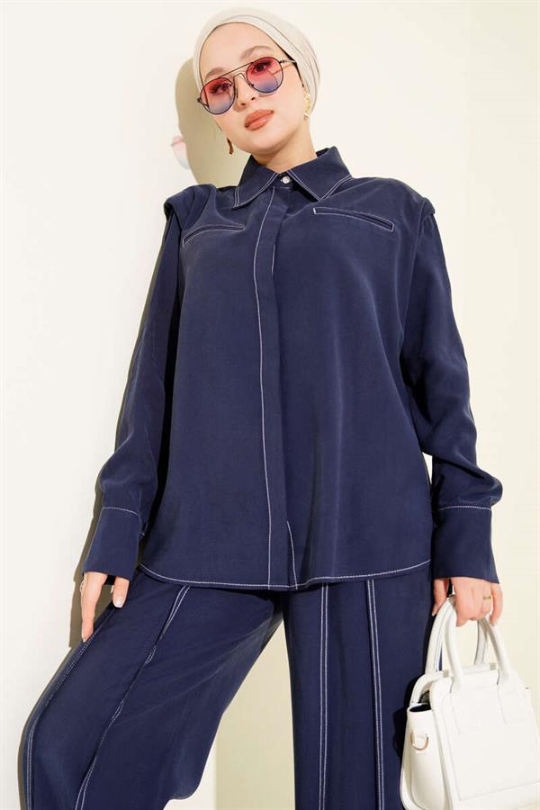 2 Piece Set with Fake Pocket and Hidden Placket, Navy Blue