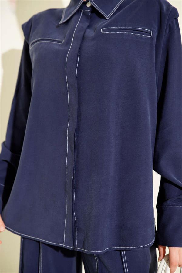 2 Piece Set with Fake Pocket and Hidden Placket, Navy Blue