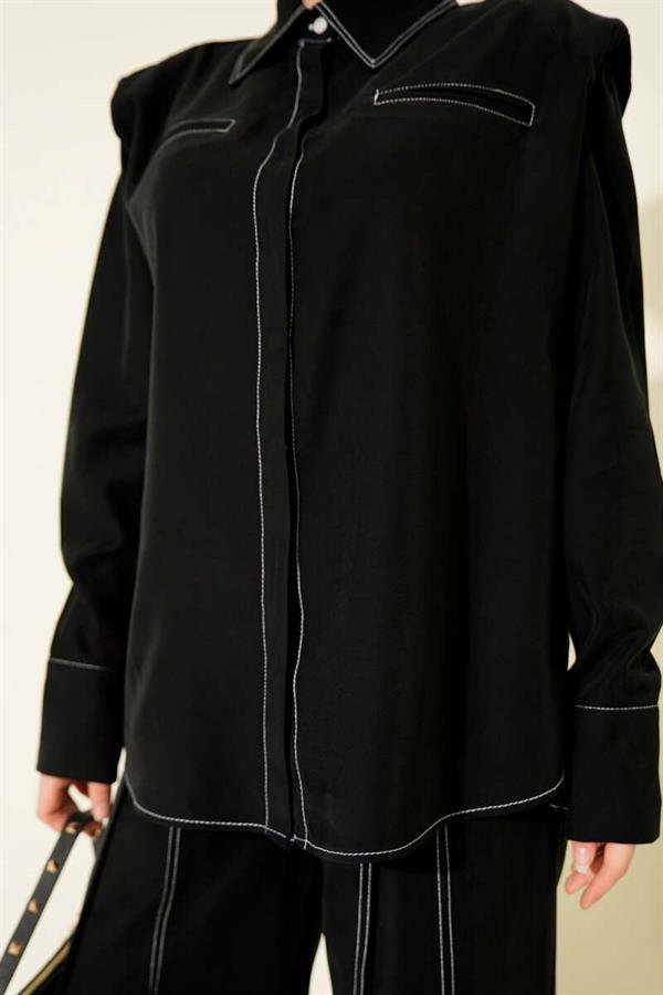 2 Piece Set with Fake Pocket and Hidden Placket, Black