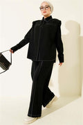 2 Piece Set with Fake Pocket and Hidden Placket, Black