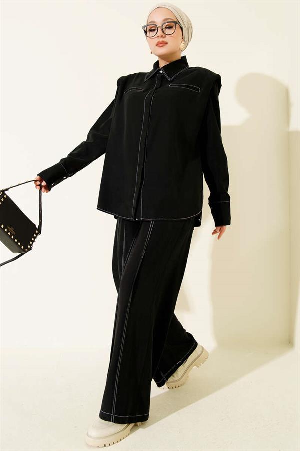 2 Piece Set with Fake Pocket and Hidden Placket, Black