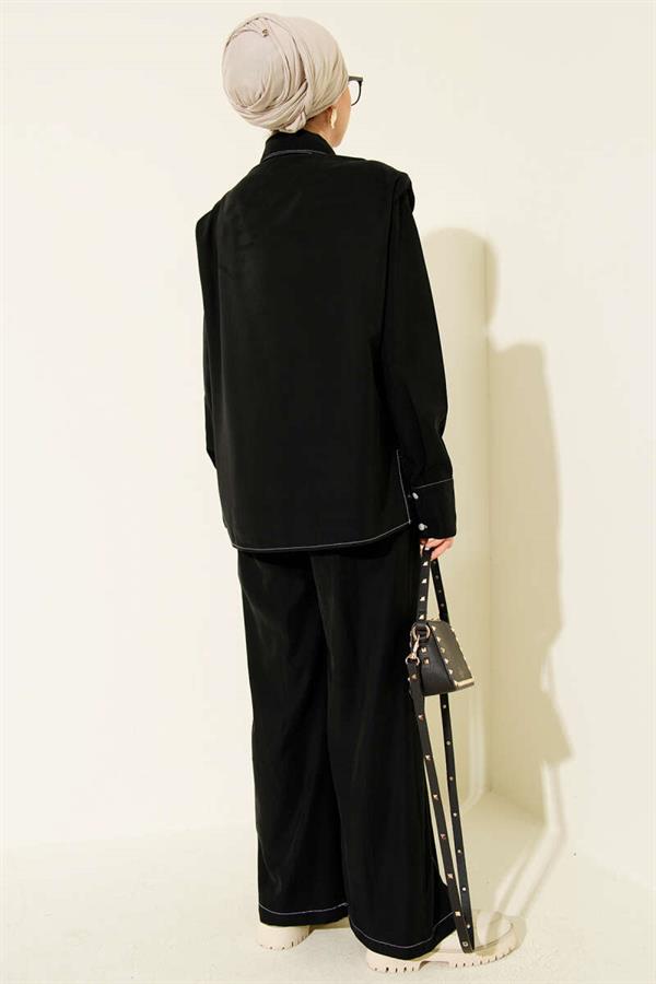 2 Piece Set with Fake Pocket and Hidden Placket, Black
