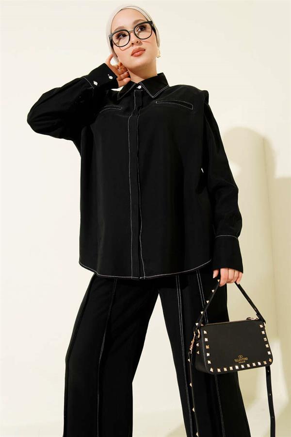 2 Piece Set with Fake Pocket and Hidden Placket, Black