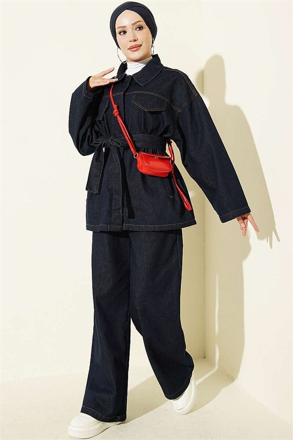 Two-Piece Denim Set with Faux Pockets and Metal Buttons