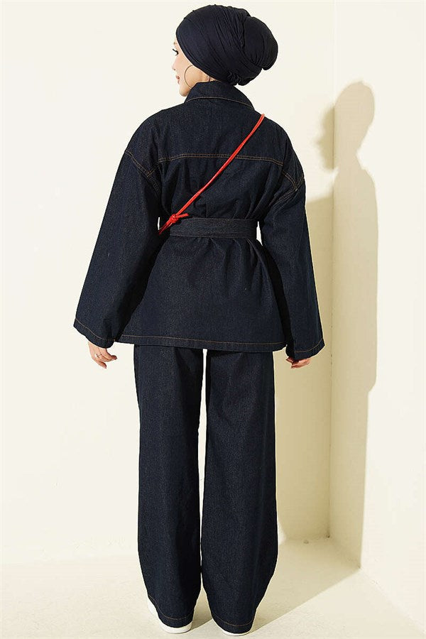 Two-Piece Denim Set with Faux Pockets and Metal Buttons