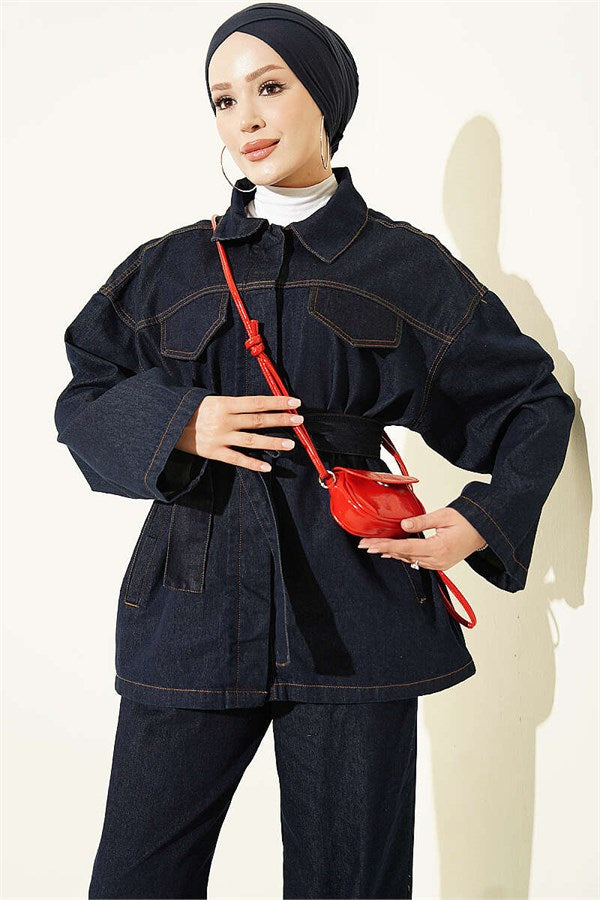 Two-Piece Denim Set with Faux Pockets and Metal Buttons