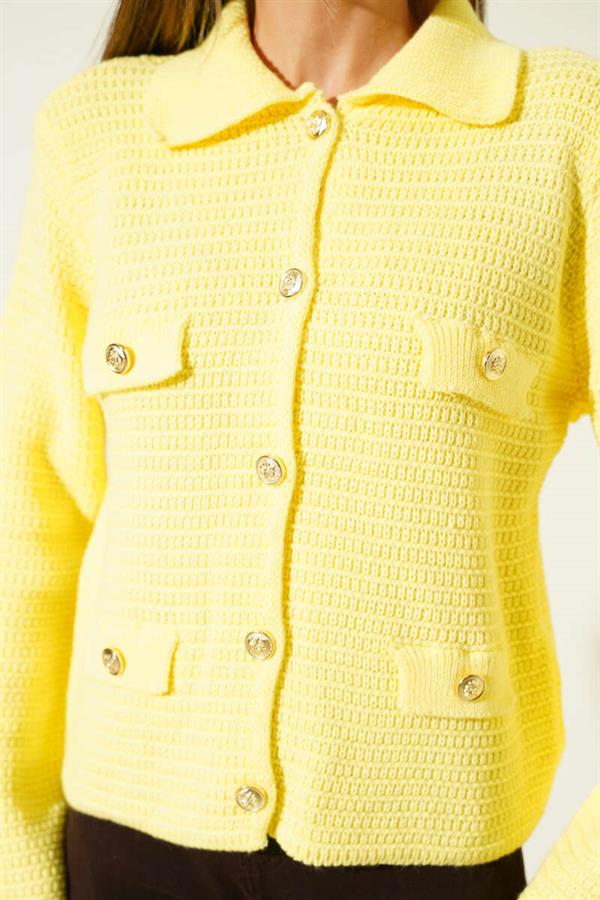 Tweed Knit Cardigan with Fake Pockets, Yellow