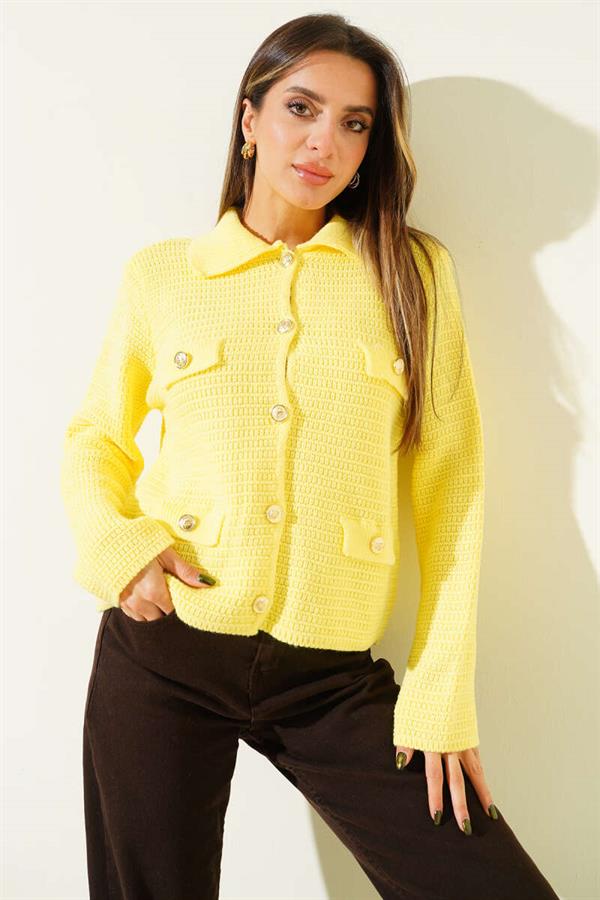 Tweed Knit Cardigan with Fake Pockets, Yellow