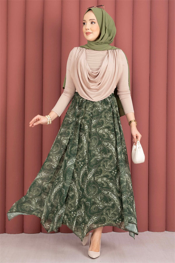 Shawl Pattern Asymmetrical Cut Chiffon Skirt Khaki