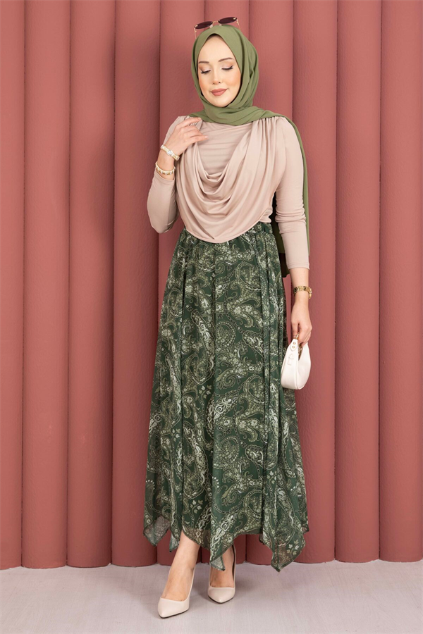 Shawl Pattern Asymmetrical Cut Chiffon Skirt Khaki