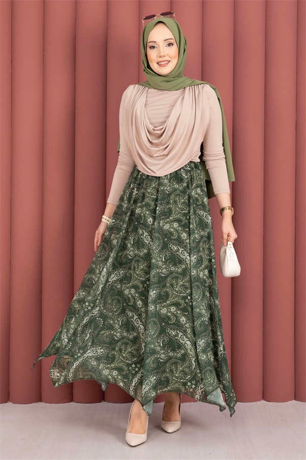 Shawl Pattern Asymmetrical Cut Chiffon Skirt Khaki