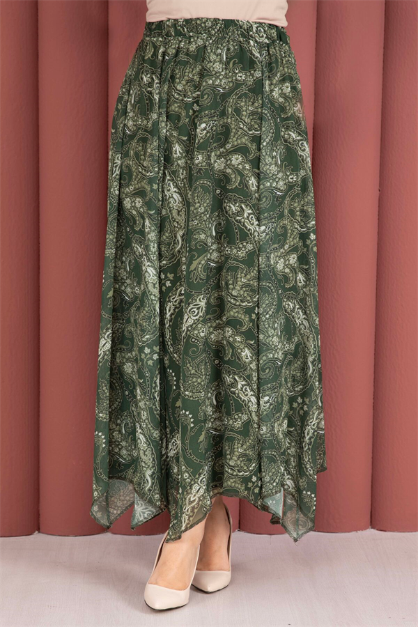 Shawl Pattern Asymmetrical Cut Chiffon Skirt Khaki