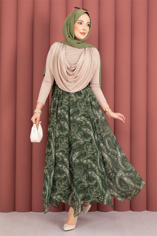 Shawl Pattern Asymmetrical Cut Chiffon Skirt Khaki