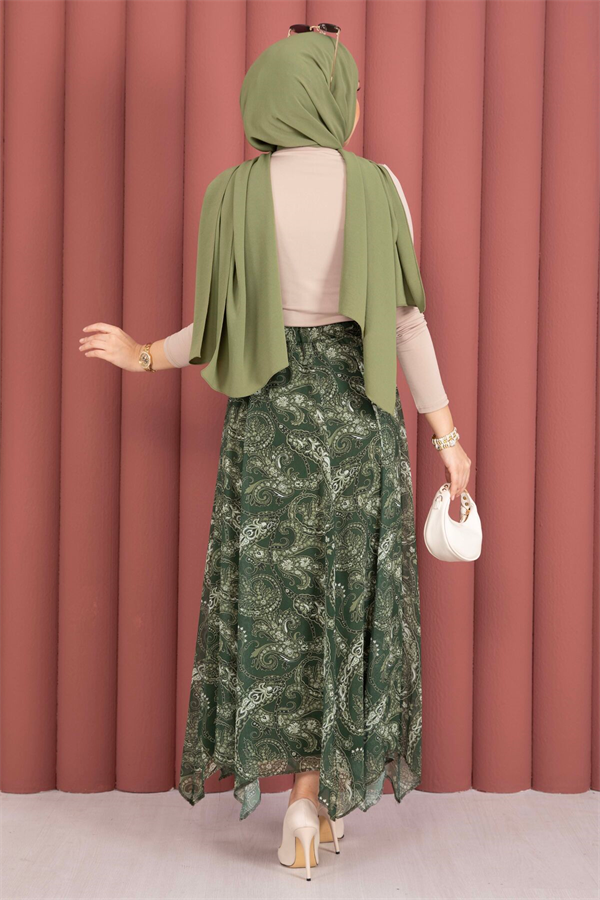 Shawl Pattern Asymmetrical Cut Chiffon Skirt Khaki