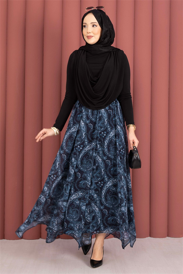 Shawl Pattern Asymmetrical Cut Chiffon Skirt Navy Blue