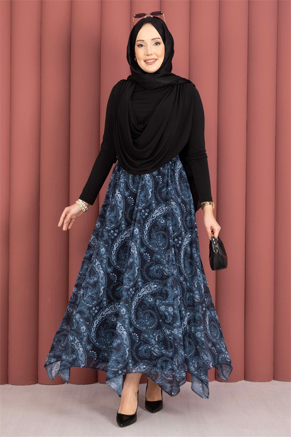Shawl Pattern Asymmetrical Cut Chiffon Skirt Navy Blue