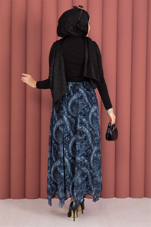 Shawl Pattern Asymmetrical Cut Chiffon Skirt Navy Blue