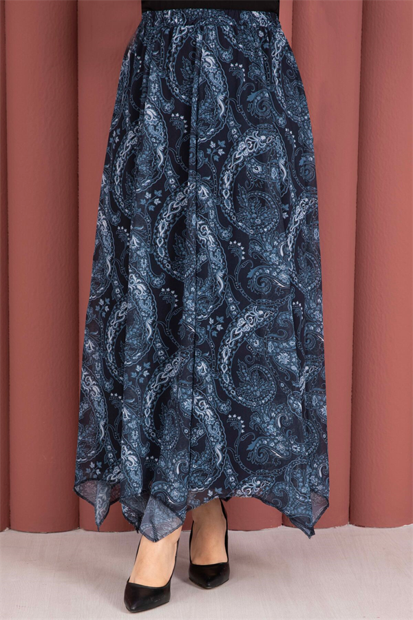 Shawl Pattern Asymmetrical Cut Chiffon Skirt Navy Blue
