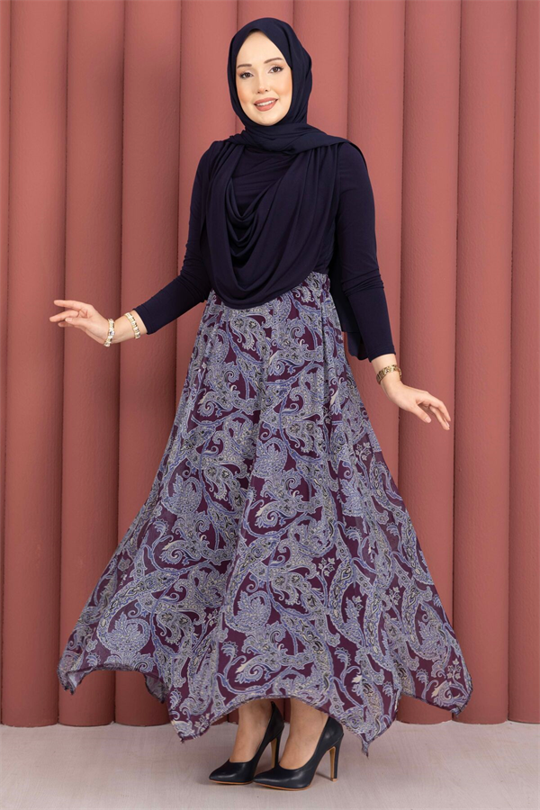 Shawl Pattern Asymmetrical Cut Chiffon Skirt Plum